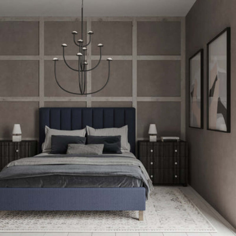 Highline Upholstered Bed, Queen, Plush Velvet Blue Print, Ebony
