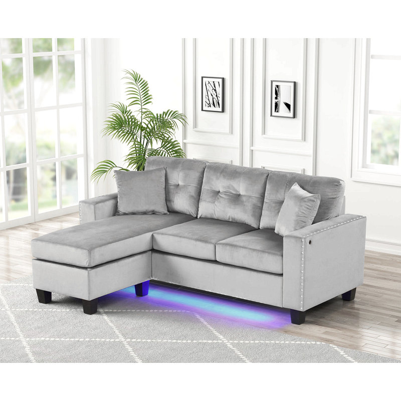 74"W Reversible Sectional Sofa Chaise With Led Light, Usb Port, Nailhead Trim, Throw Pillows, Tufted Cushion
