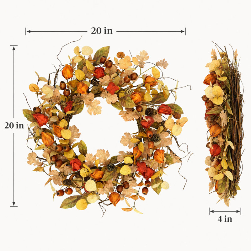 Couronne artificielle d'automne avec eucalyptus doré et feuilles de chêne pour la porte d'entrée