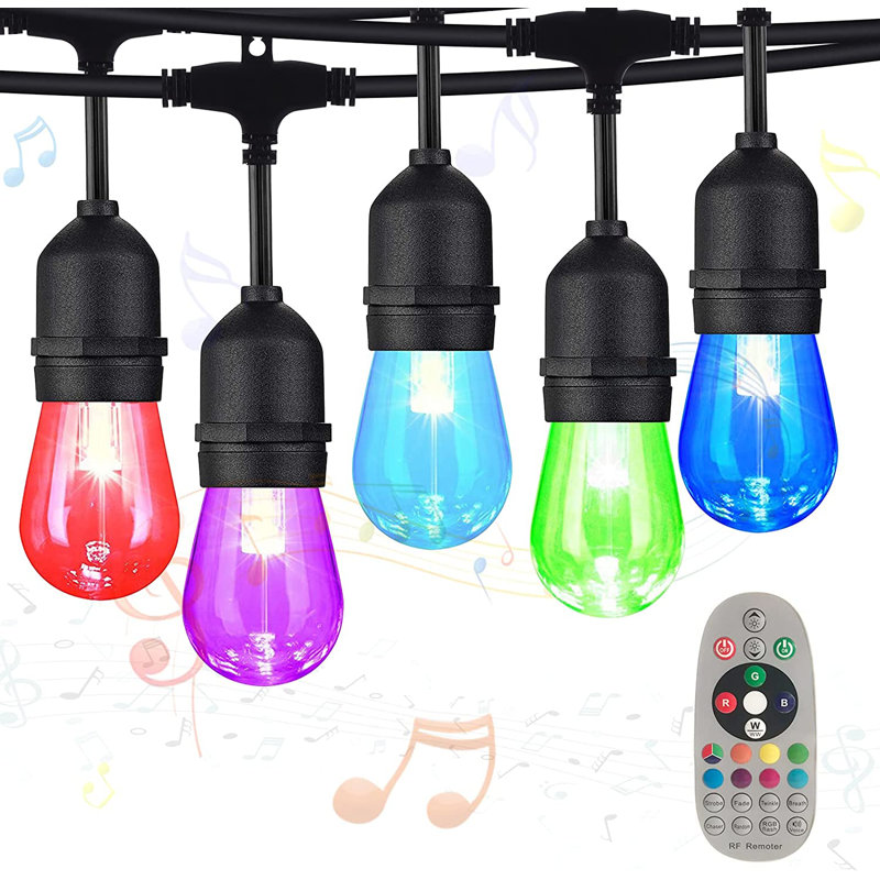Hanjun 48ft Outdoor String Light with 15 Bulbs Music-Synced Colour Changing and Remote Control