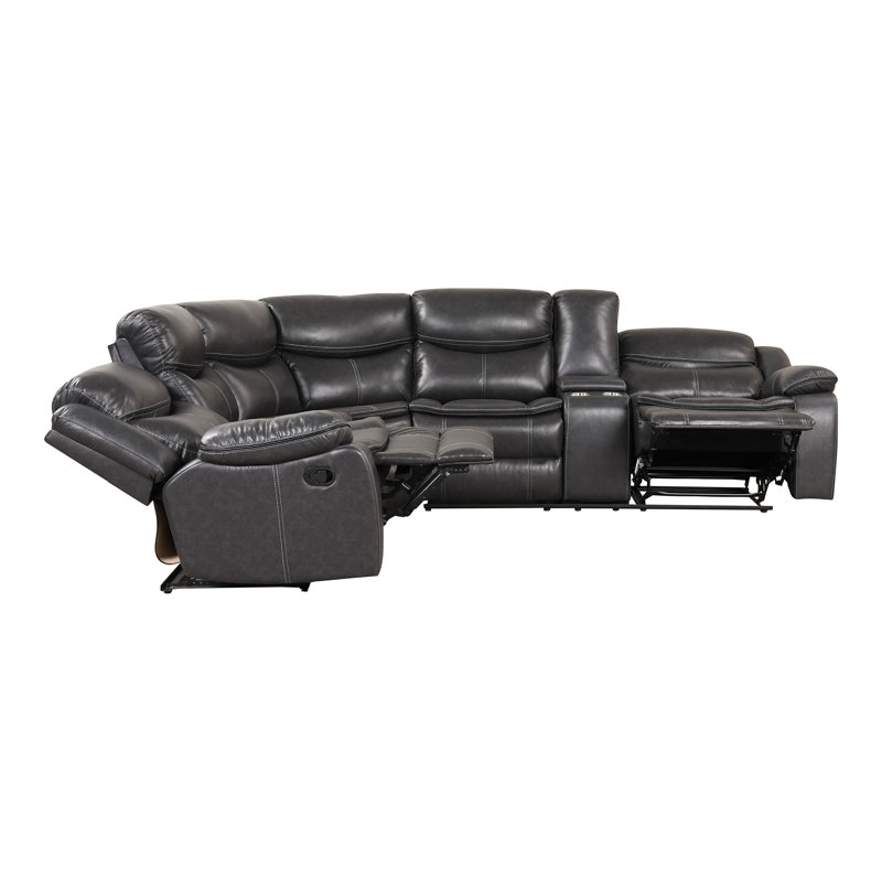 Burcker Faux Leather Reclining L-Shaped Sectional Right Hand Facing, Gray Faux Leather