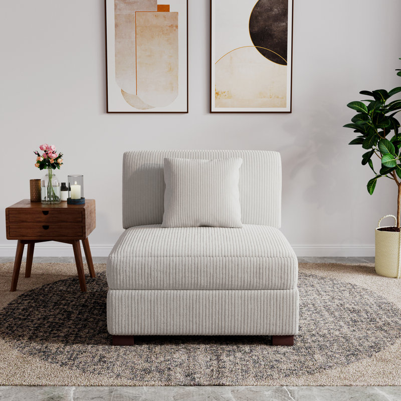 Milbrey Upholstered Beige Corduroy Armless Accent Chair with Pillow Back and Solid Wood Legs, Corduroy, Beige