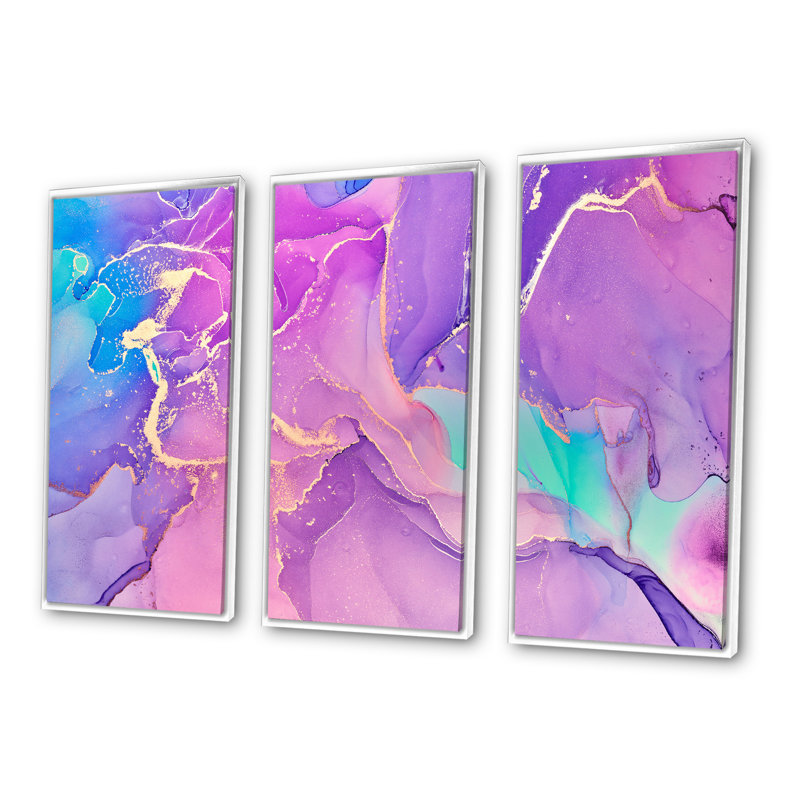 «Pink and Mauve Abstract Art liquide I», reproduction sur toile flottante 3 pièces, H 32 po x l 48 po x P 1 po, Cadre blanc