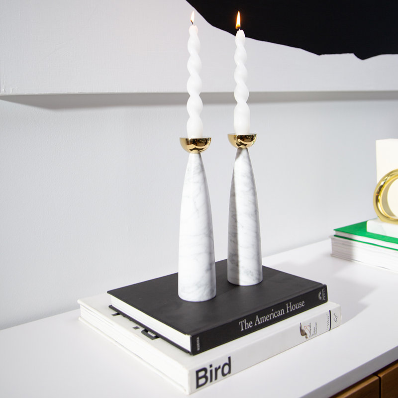 Anna New York 9.75'' H Tabletop Candlestick, Carrara Marble/Gold