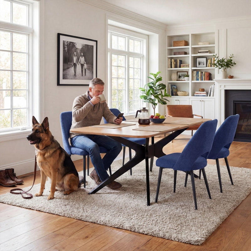 69.3" Rectangle Pedestal Dining Table With Metal Frame For 4-6 People, Natural Wood