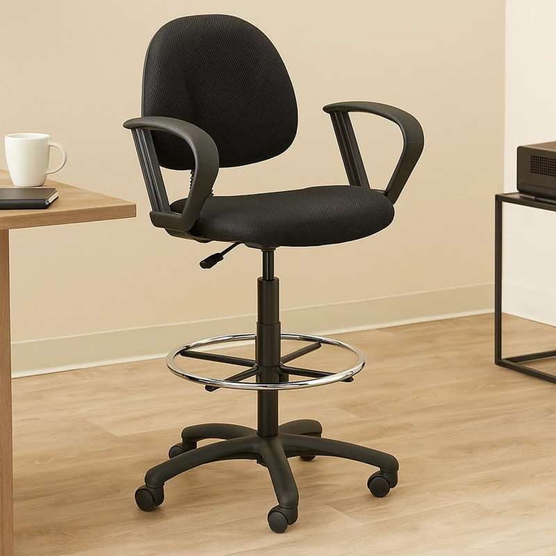 Jea Drafting Stool Chair, Loop Arms, Black Tweed, Round Footring, Black