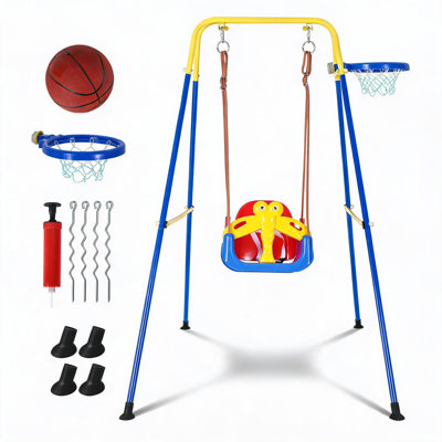 Balançoire pour tout-petits, balançoires 4 en 1 avec crochet de basket-ball, cadre en métal pliable pour la cour arrière