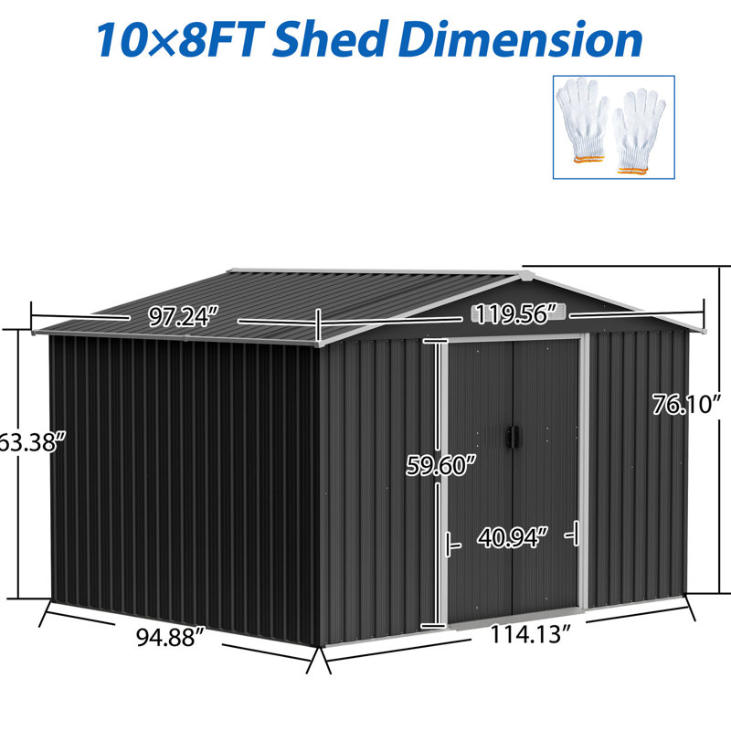 Metal 10x8 Ft Outdoor Shed With Lockable Bay - Rain And Snow , For Backyard, Patio, Gray All Weather Garden Accessories Lockable, -proof, Gray,