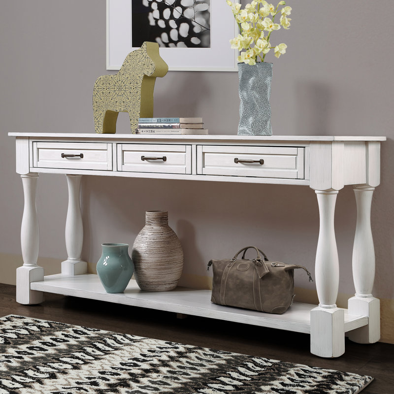 Console, 63 po, structure en bois massif, 3 tiroirs et tablette, blanc antique, fabrication Mid-Century 63 po avec capacité de charge suffisante