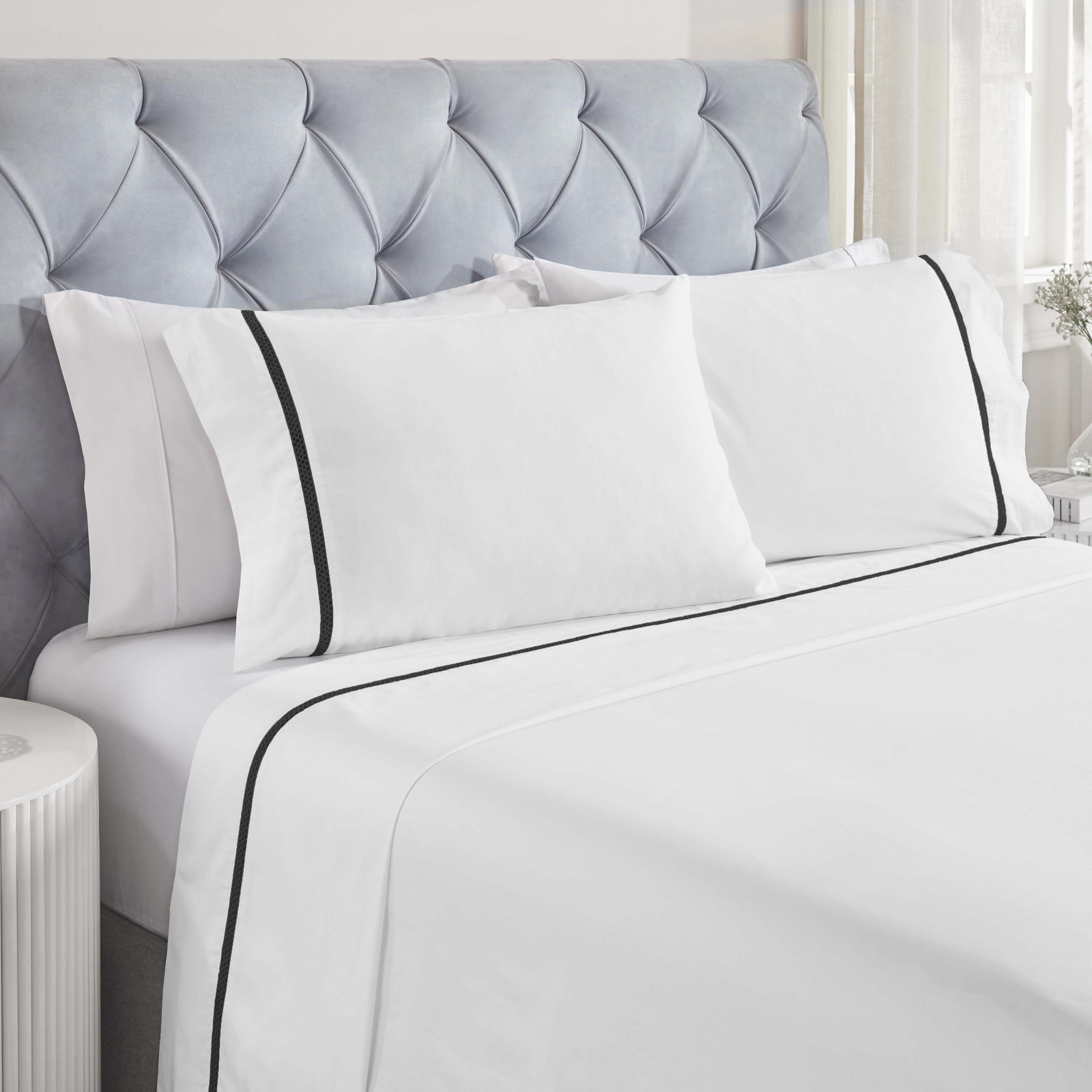 Satin Sheet Set, California King Sheet Set with 2 Pillowcases, White/Black