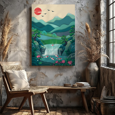 Toile, "Un paysage serein" avec une cascade d'eau au premier plan, art mural entouré d'une verdure luxuriante et d'une toile rose éclatante