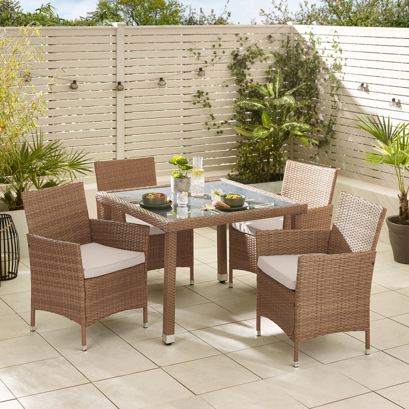 Amos Modern 4 Seat Outdoor Dining Set - Table & PE Rattan Chairs for Garden & Patio (Cover Included), Natural