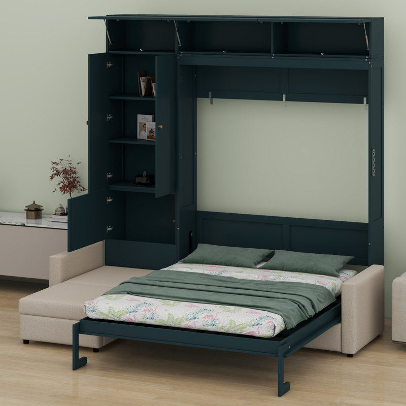 Lit escamotable peu encombrant avec armoire, canapé en L et tablettes de rangement, Vert