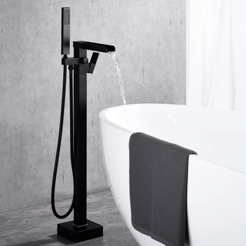 Matte Black Tub Filler Floor Mount With Waterfall Spout And Adjustable Hand Shower - Corrosion Faucet Modern Design Rust- Stainless Steel