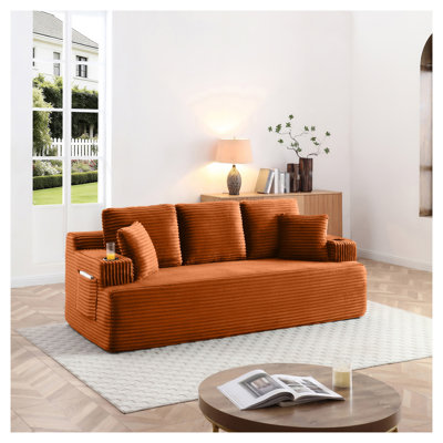 86.2" Corduroy Boneless Sofa, 3-Seater Floor Couch with Cup Holders and Side Pockets, Orange
