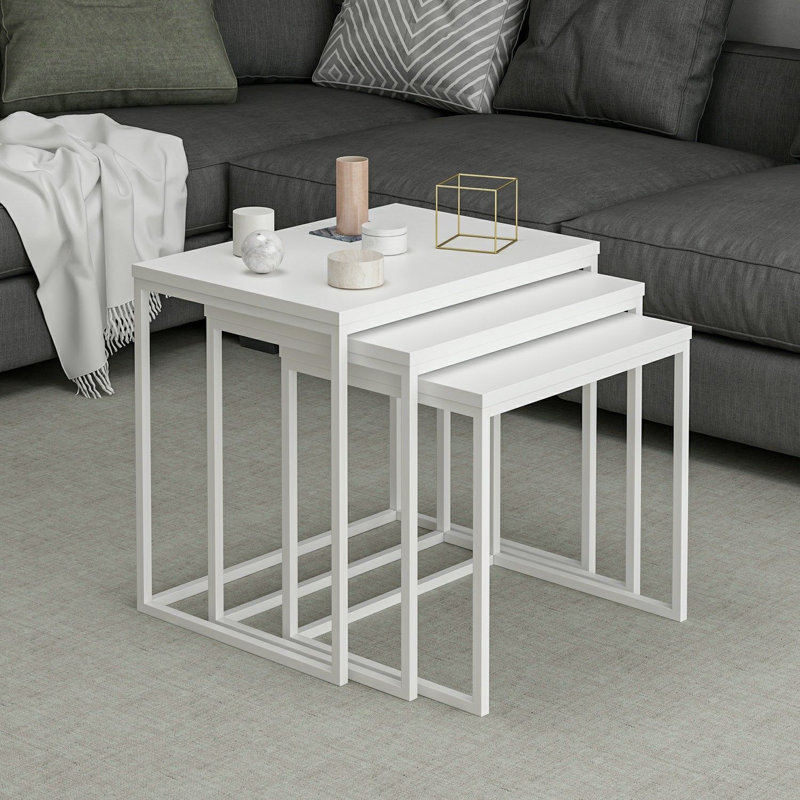 Modern Nesting Table Set (3 Pieces), White, 21.7 x 19.7 x 15.7 inches | 100% Melamine Coated Particle Board, Thickness: 0.7 inches | Sturdy Metal Frame | Stylish & Functional for Living Room, Home Office, & Study