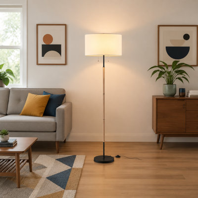 61" mid-century 2-light floor lamp in black and brown with a white fabric lampshade; includes a 9W bulb with 3 color temperatures of 3000K/4500K/6500K