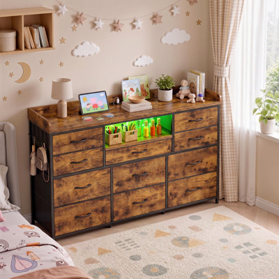 Multifunctional Dresser Tv Stand For 60" Tv With Fabric Drawers - Storage Cabinet With Charging Ports & Led Lights