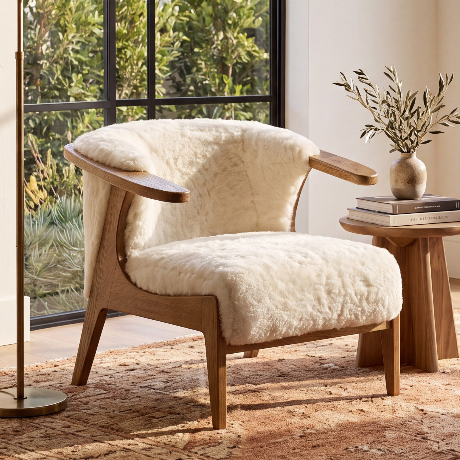 Oak Armchair, Aged Smoked Oak, Cream Shearling