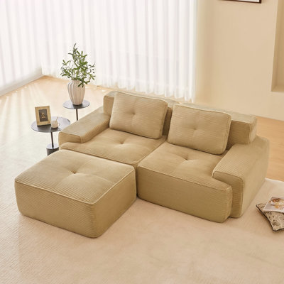 Canapé modulaire en L de 82 po pour salon modulaire en tissu de velours côtelé de 82 po avec siège profond et repose-pieds mobile, passepoil perlé, conception sans assemblage, conception antidérapante