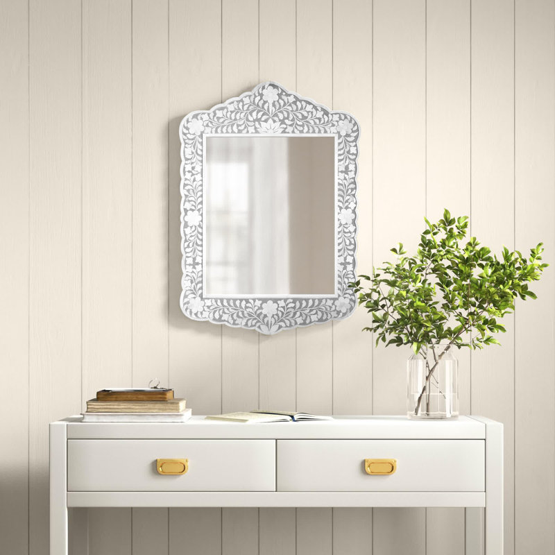 Ren Botanic Bone Inlay Traditional Distressed Accent Mirror, Gray