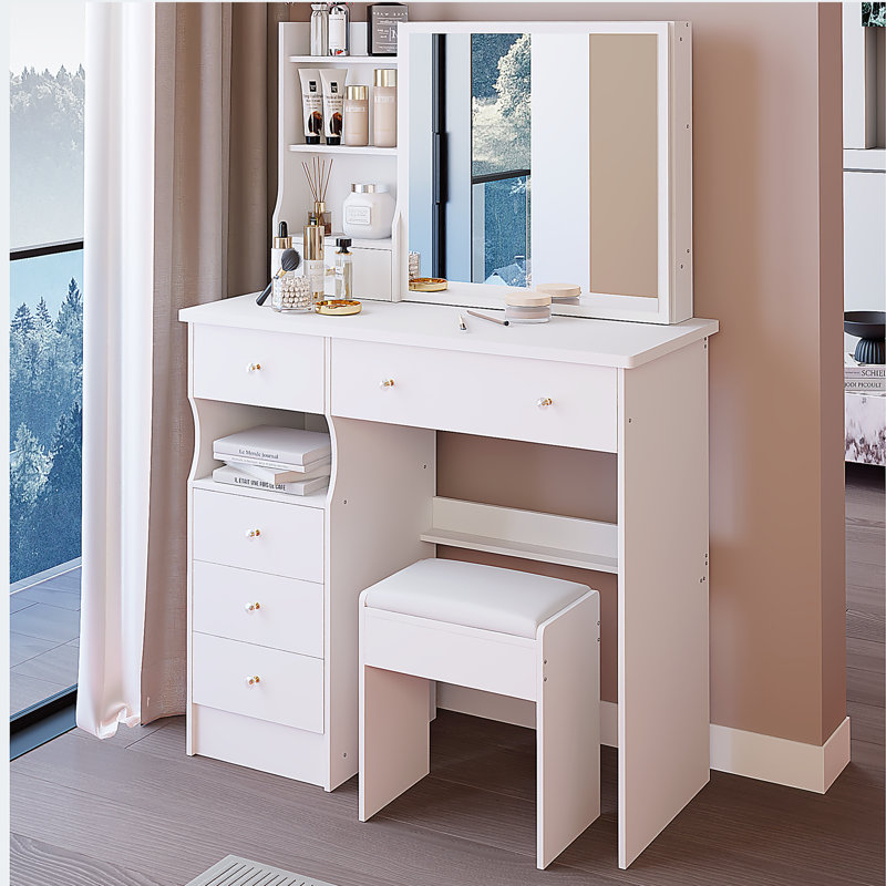 37" Middle Size Left Drawer Desktop Vanity Table + Cushioned Stool, Extra Large Right sliding mirror, Multi Layer High Capacity Storage, Practical Fashionable Dresser, Suitable For Large Space
