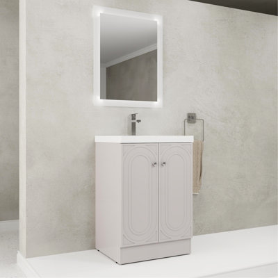 Meuble-lavabo autoportant 24 po avec lavabo en résine blanche et 2 portes d'armoire à fermeture en douceur (emballage KD)