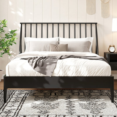 Grand lit plateforme en bois de bambou massif avec tête de lit de 46,5 po de hauteur, cadre de lit bohème avec lattes de bois et support en métal, style Mid-Century moderne, aucun sommier tapissier requis, noir