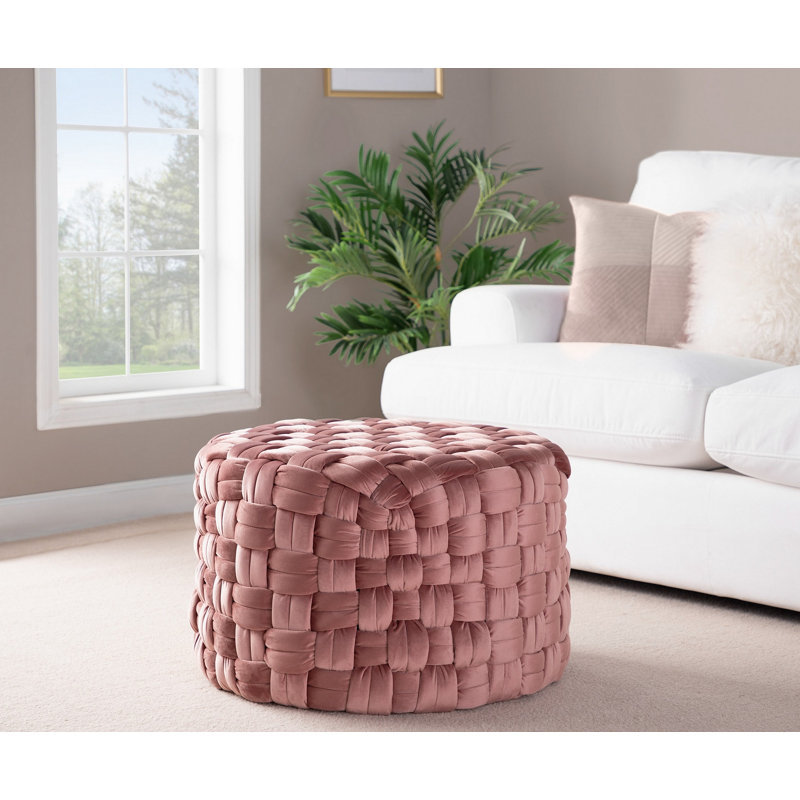 Round 24" Ottoman In Ice Blue Velvet, Pink
