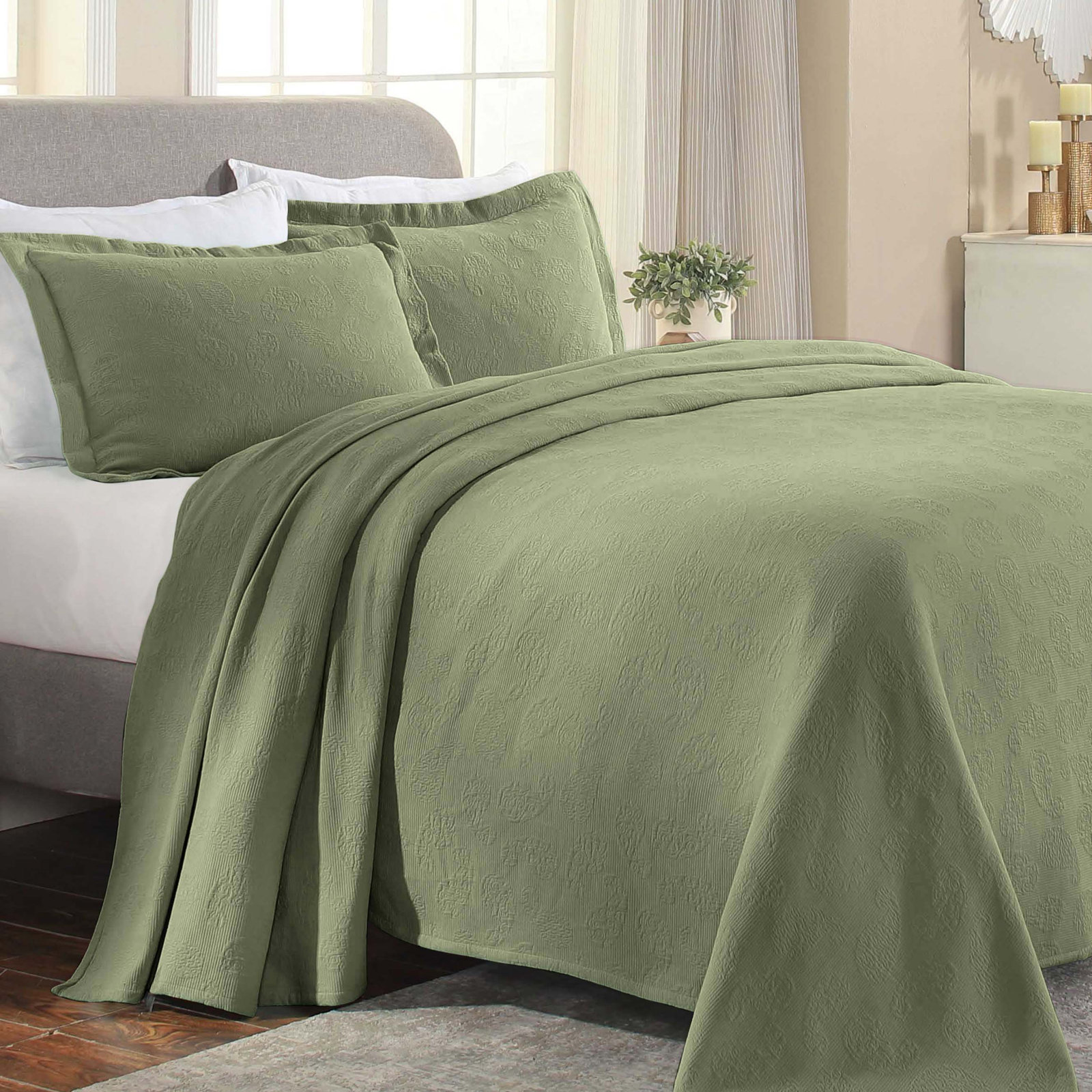 Cotton Bedspread Set, King Coverlet + 2 Standard Shams, Sage