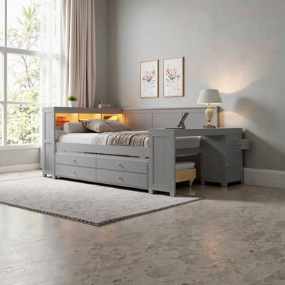 Full Size Solid Pine Wood And MDF Daybed With Built-in Storage Shelves Drawers Charging Station LED Lighting And Desk