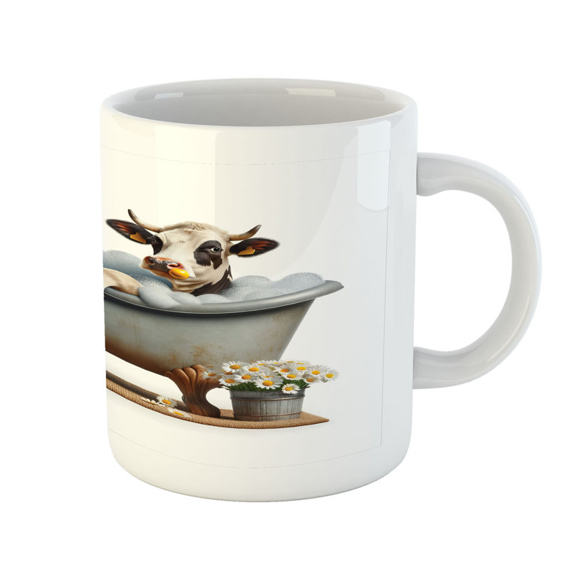 Winston Porter Rustic Ceramic Coffee Mug Bathing Cow and Chamomiles 11 oz Coconut White and Cinnamon