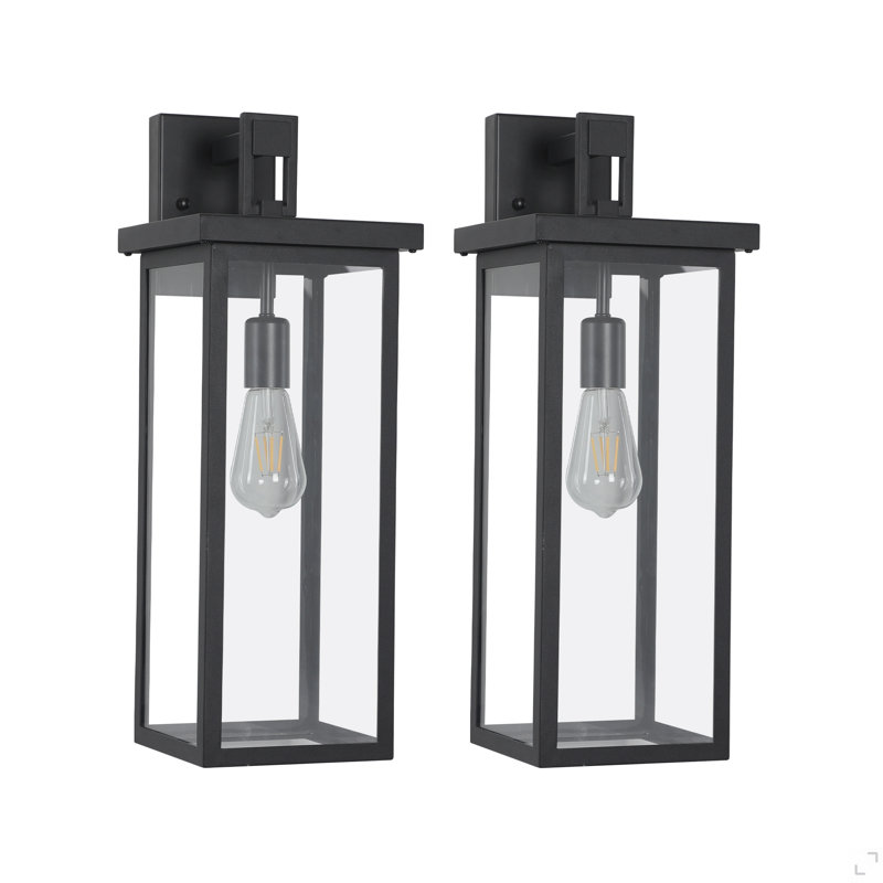 20"(H) Set Of 2 Modern Outdoor Wall Lanterns With Black Metal Frame And Clear Glass, Weatherproof Wall Sconces For Porch, Garage, Or Entryway Lighting, E26 Bulb Compatible (No Bulbs)