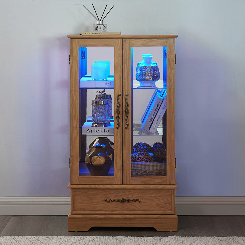 Lighted Glass Curio Display Cabinet With Adjustable Shelves, Living Room Cabinet