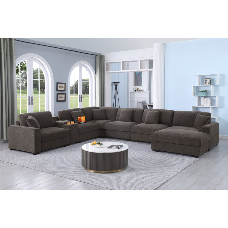 8-piece Upholstered Corner Sectional Sofa, Console with Cup Holders & Storage & USB, Dark Gray Polyester