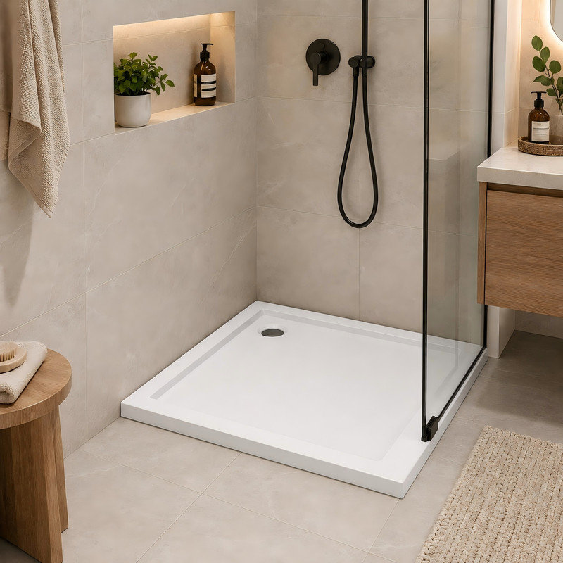 Receveur de douche en acrylique sans seuil avec bonde d'angle, dimensions : 81 cm (L) x 81 cm (P) x 5 cm (H)