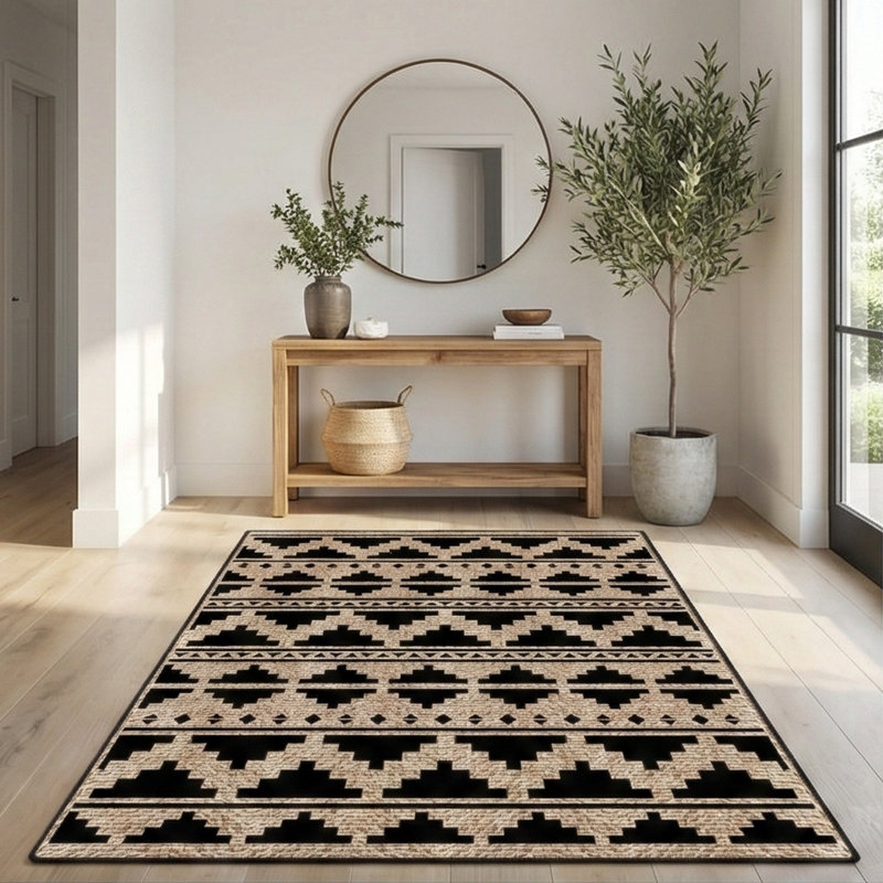 Tapis intérieur lavable à motif géométrique noir et beige Tribal