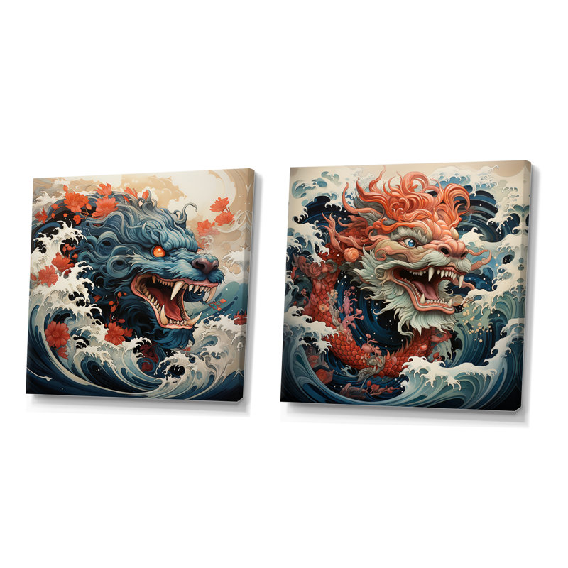Vague de dragon japonais au large de Kanagawa IV - ensemble de 2 reproductions d'art sur toile, Toile tendue