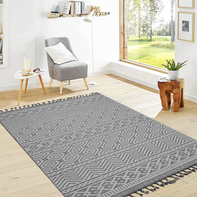 Area Rug, Guros Collection Grey / White / Geometric Indoor / Outdoor, Rectangle 5'3" x 7'6"