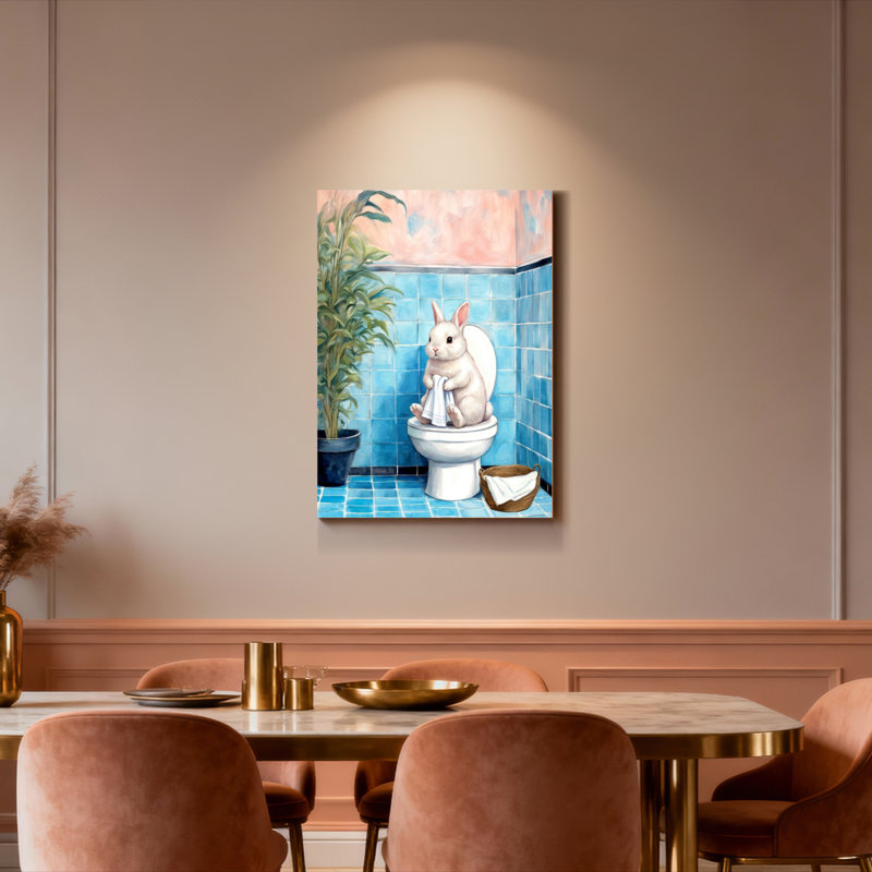 Tableau sur toile « Lapin blanc sur les toilettes » (lot de 1), H 36 po x l 24 po