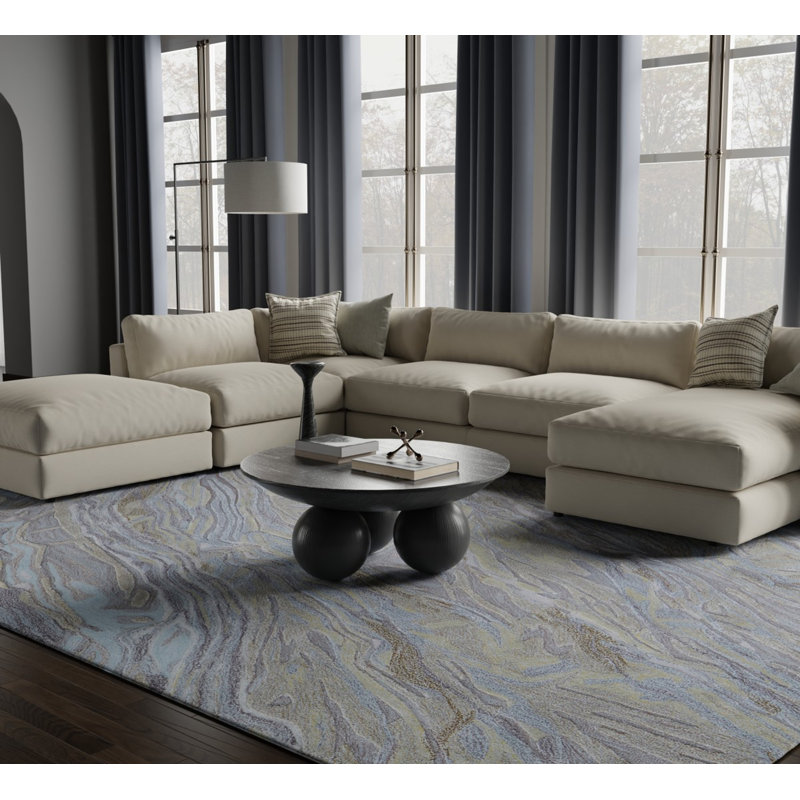 Kawai Hand Knotted Wool/Viscose Abstract Area Rug in Green/Multi, Rectangle 8' x 10'