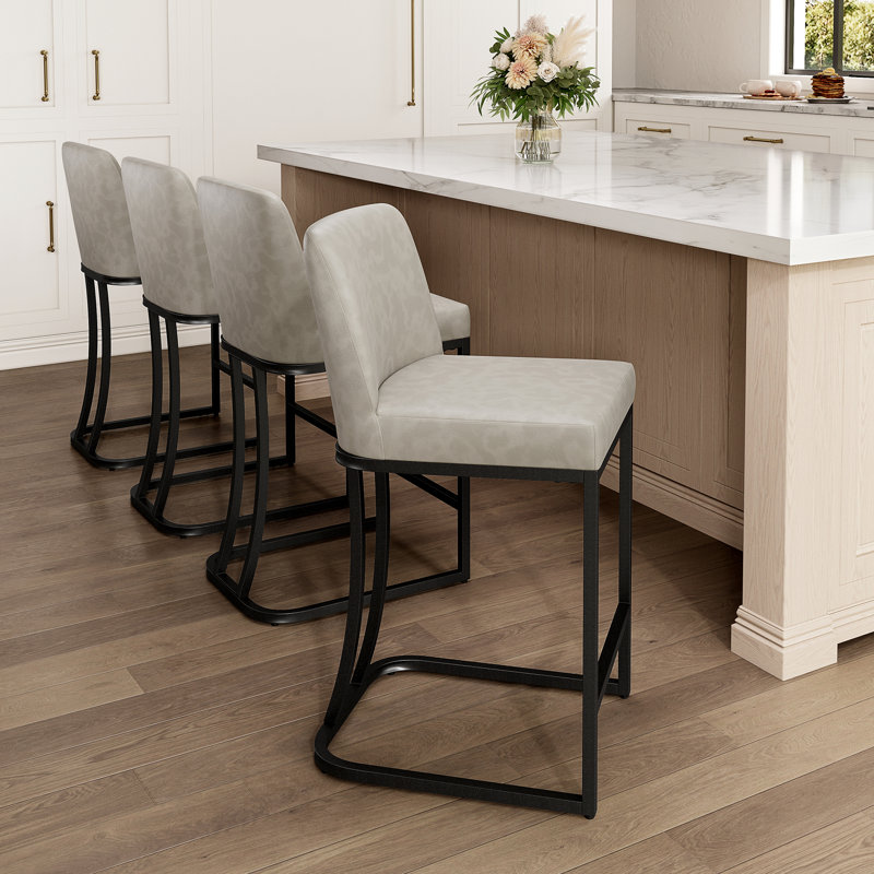 Kunkel 24" Modern Kitchen Counter Stool with Faux Leather Padded Seat and Metal Frame, Black, Light Gray
