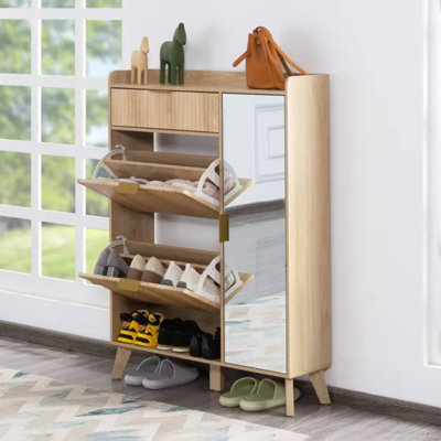 Armoire de rangement pour chaussures avec 2 tiroirs rabattables et armoire latérale, miroir intégré, range-chaussures modulaire 3-en-1 pour vestibule (naturel)