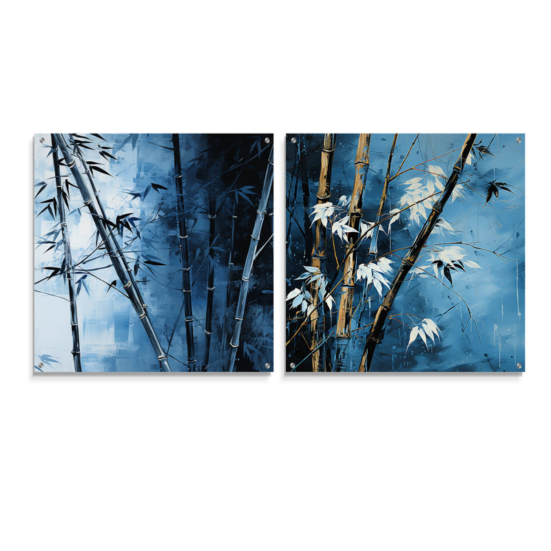 Serenity in Blue Bamboo Forest - Ensemble de 2 verres muraux en acrylique, H 30 po x l 61 po
