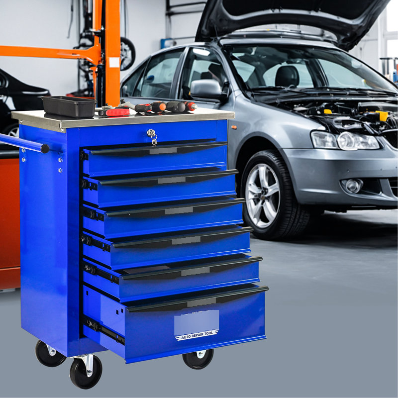 Chariot à outils 6 tiroirs pour le garage, chariot roulant en métal avec roues, noir et bleu, verrouillage par clé, chariot multifonctionnel à roulement, entrepôt de rangement bleu, comptoir lisse, 4 freins à roues universels