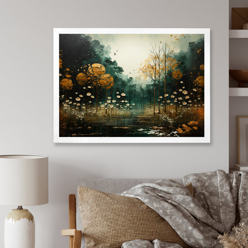 «Yellow Green Plants Enchanted Forest III», reproduction d'art sur toile, Cadre simple blanc, H 16 po x l 32 po x P 1 po