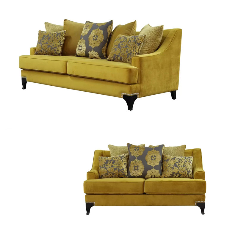 Canapé 2 pièces Visco, ensemble de causeuse, 8 coussins décoratifs, garniture de rivet, jaune or Visco
