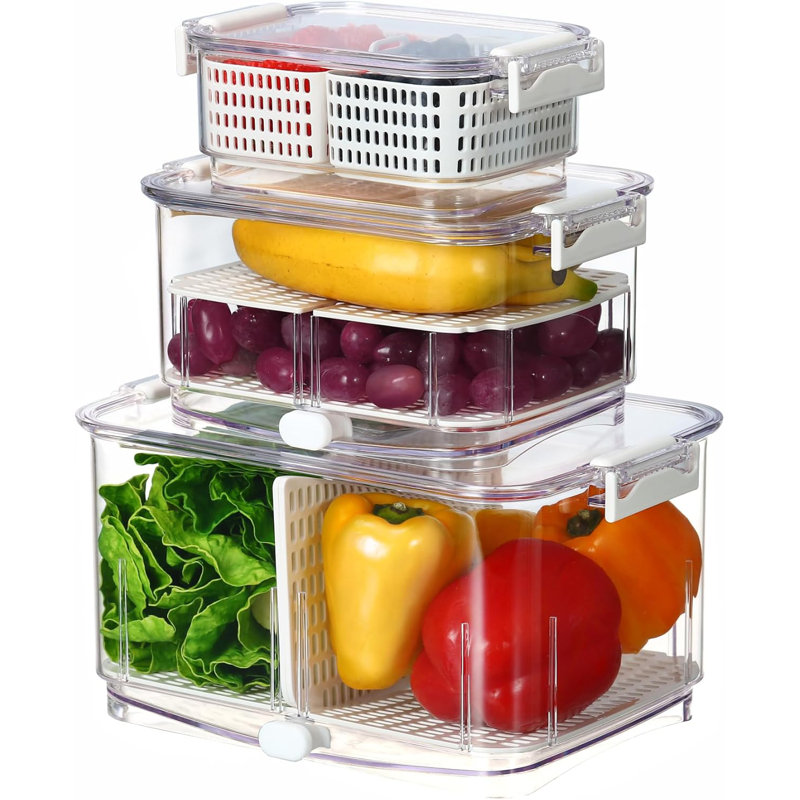 Économiseur de fruits et légumes frais pour réfrigérateur + évent, panier de lavage de fruits et légumes tout-en-un avec drain, plateau-passoire passoire, bac de réfrigérateur de cuisine pour salade de légumes aux baies, cadeaux