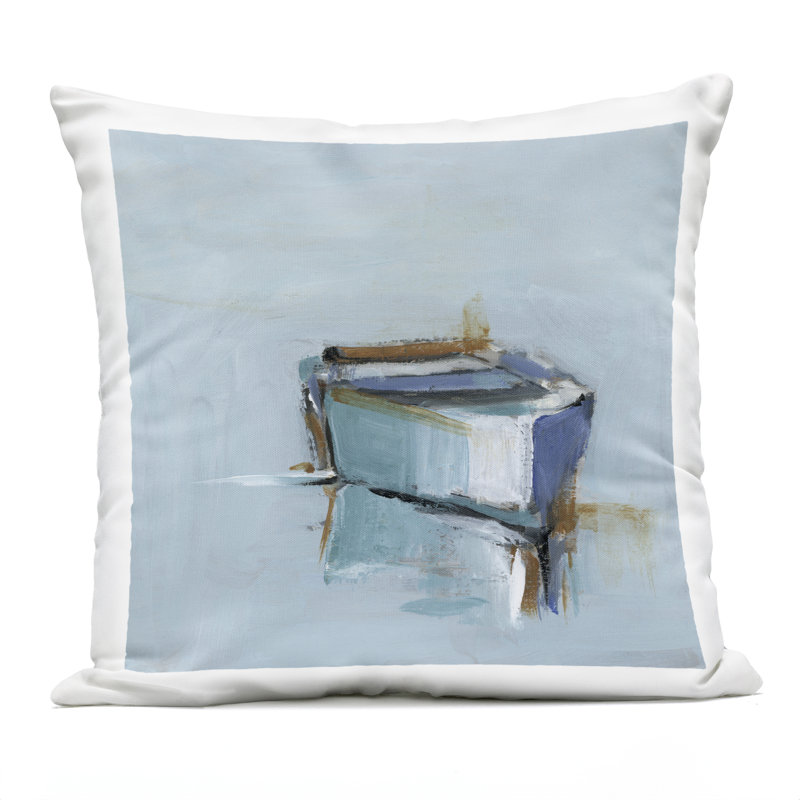 Coussin d'extérieur imprimé Beached par Ethan Harper, Bateau bleu, Carré 18 po