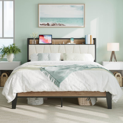 Platform Dangelo With Boucle Headboard, Storage Shelf And Built In Charging, Sturdy And Quiet by 17 Stories